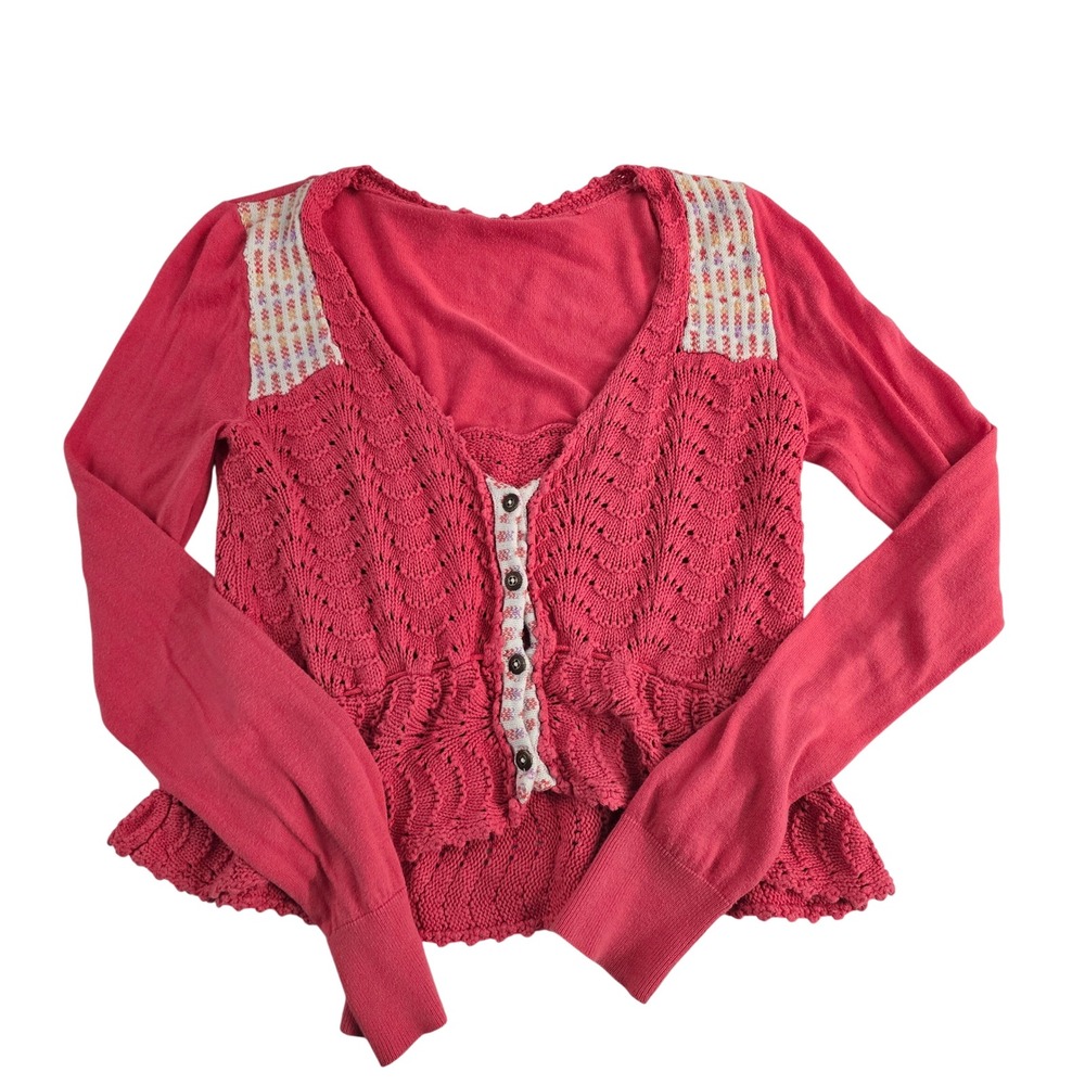 Free People Coral Pink Knit Long Sleeve Button‎ Peplum Cardigan Top